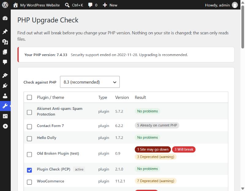 PHP Upgrade Check report screenshot