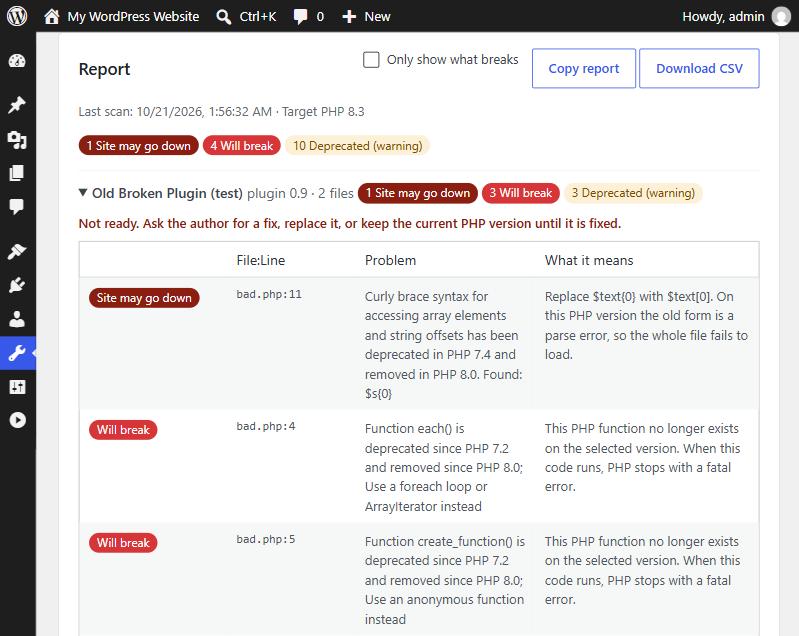 PHP Upgrade Check report screenshot